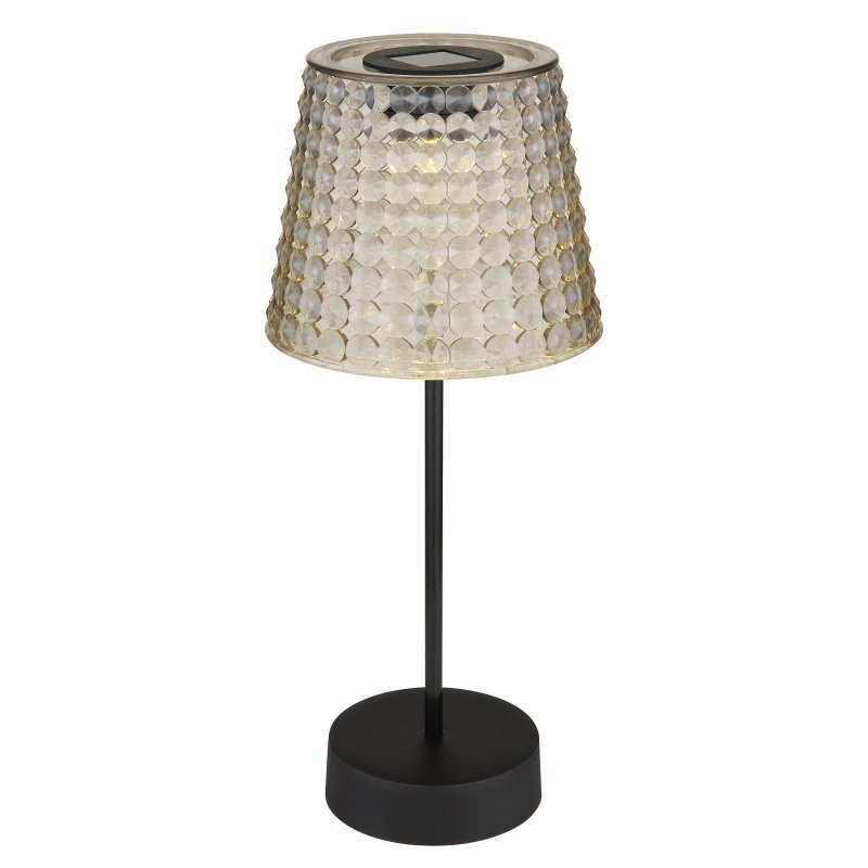 Lampa stołowa LED z kloszem o fakturze przypominającej kryształki, osadzona na smukłej, czarnej podstawie. Na górze klosza znajduje się panel solarny.