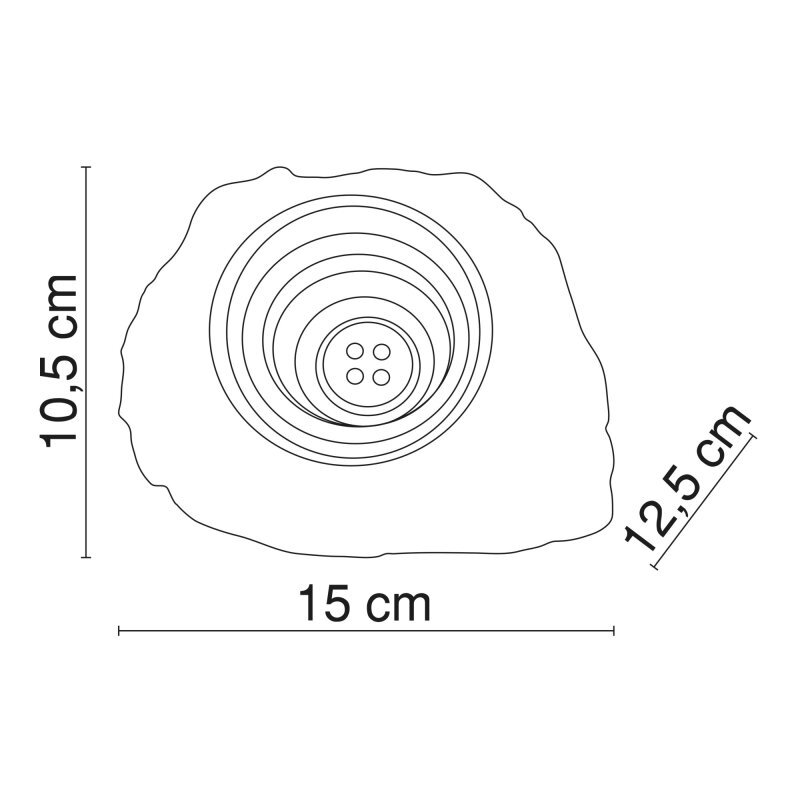 Schematyczny rysunek przedstawia lampkę solarną w kształcie kamienia z wymiarami: 10,5 cm wysokości, 15 cm szerokości i 12,5 cm głębokości. W centrum znajduje się okrągły element z czterema małymi okręgami w środku.