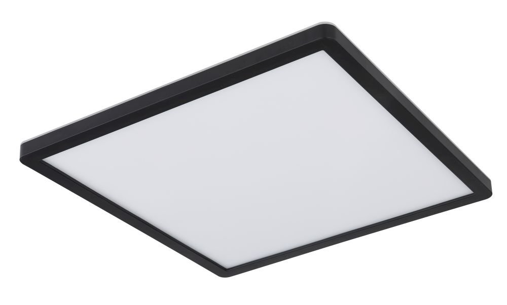 Kwadratowy plafon LED z czarną ramką i białą powierzchnią świetlną. Produkt ma nowoczesny design i jest przeznaczony do montażu sufitowego.