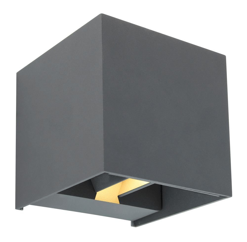 Kwadratowa lampa ścienna w kolorze antracytowym z otwartą dolną częścią, przez którą wydobywa się światło. Lampa ma nowoczesny, minimalistyczny design.