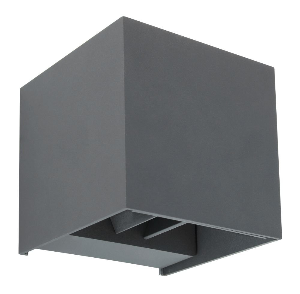 Kwadratowa lampa ścienna w kolorze antracytowym z prostym, nowoczesnym designem. Wykonana z metalu, przeznaczona do montażu zewnętrznego.
