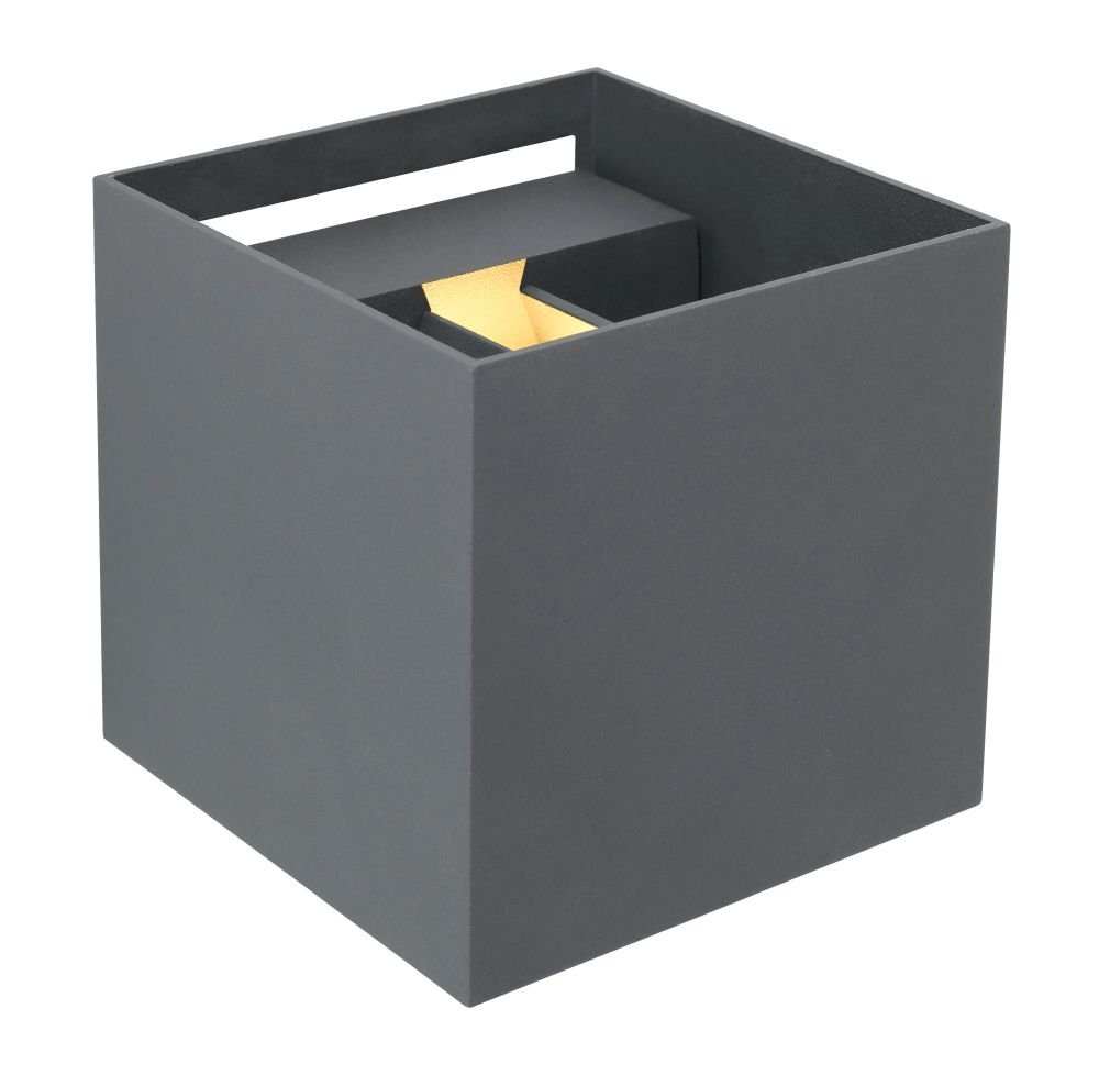 Kwadratowa lampa ścienna w kolorze antracytowym z otwartą górą i dołem, emitująca światło w obu kierunkach. Wykonana z metalu, o nowoczesnym designie.