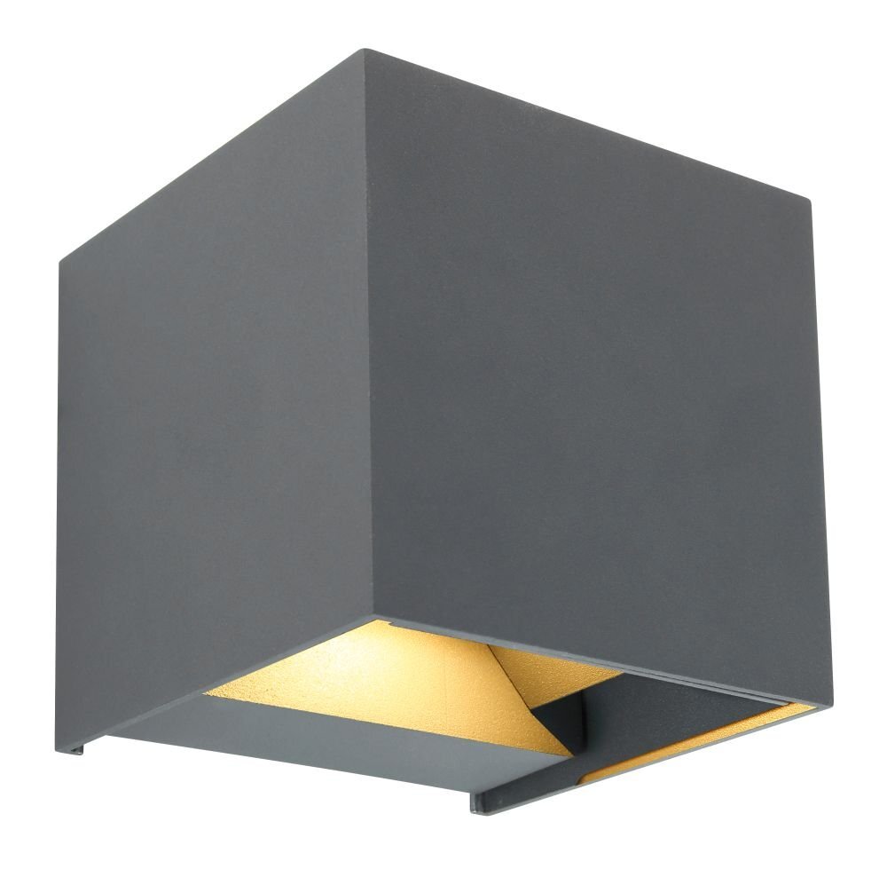 Kwadratowa lampa ścienna w kolorze antracytowym z widocznym źródłem światła skierowanym w górę i dół. Wnętrze lampy ma złoty odcień, co nadaje jej elegancki wygląd.