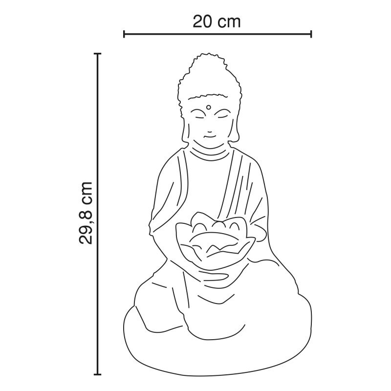 Kontur figury siedzącej postaci z kwiatem w dłoniach, z wymiarami 20 cm szerokości i 29,8 cm wysokości.