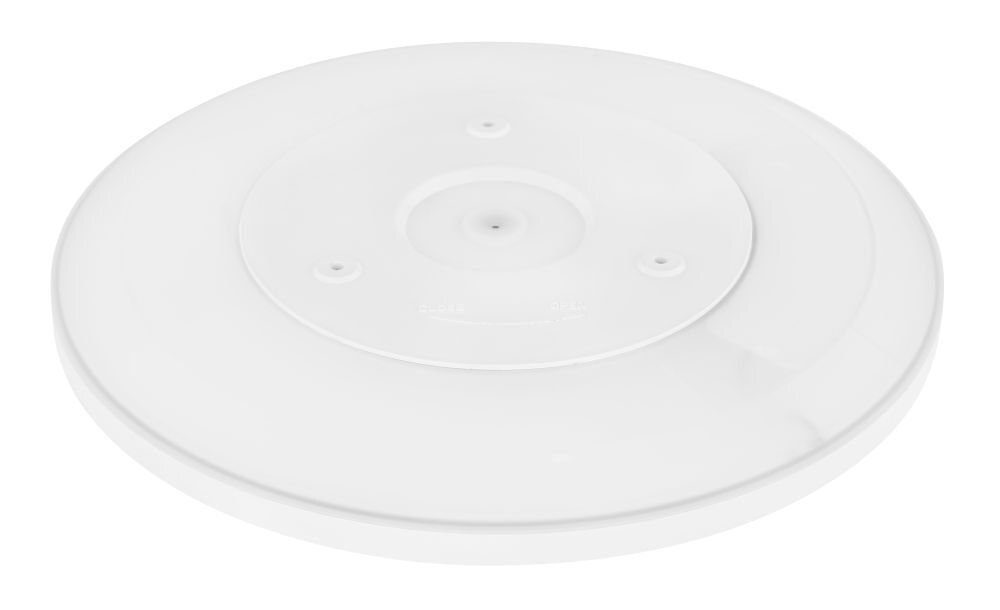 Na obrazie widoczny jest biały, okrągły plafon LED o gładkiej powierzchni. Plafon ma minimalistyczny design i centralnie umieszczony punkt montażowy.
