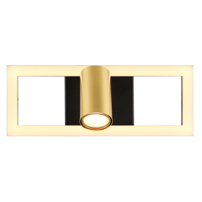 Lampa sufitowa w kształcie prostokąta z centralnie umieszczonym złotym cylindrycznym spotem. Obudowa jest czarno-złota, a światło emituje ciepłą barwę.