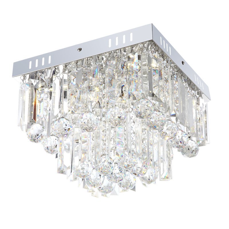 Lampa sufitowa LED z chromowaną podstawą i wiszącymi kryształami akrylowymi. Konstrukcja jest kwadratowa z wieloma błyszczącymi elementami.