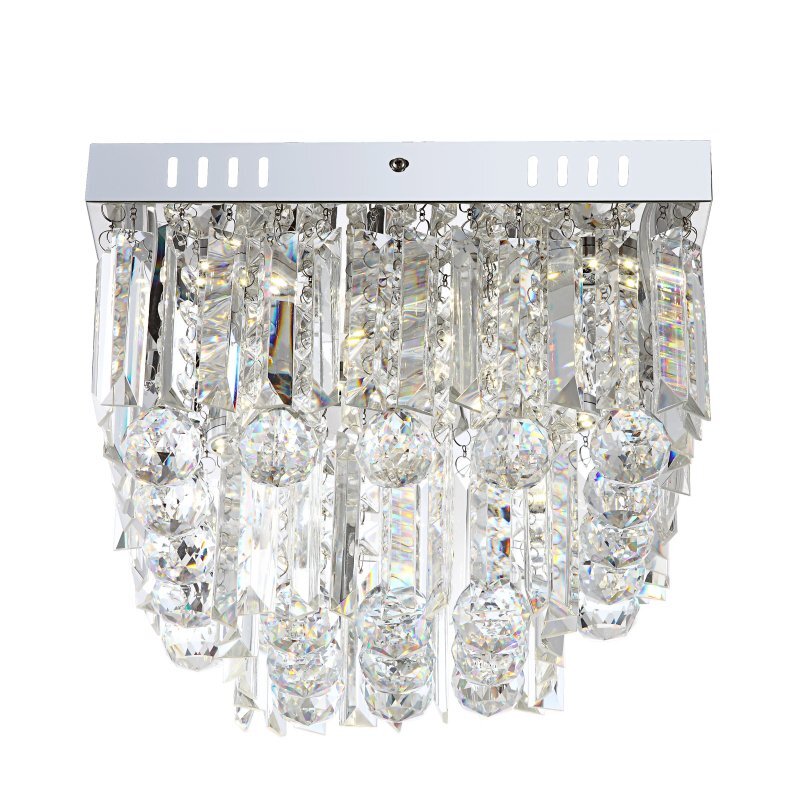 Lampa sufitowa z chromowaną podstawą i wiszącymi kryształami akrylowymi, które tworzą efektowne refleksy świetlne. Konstrukcja zawiera kilka rzędów podłużnych i kulistych elementów dekoracyjnych.