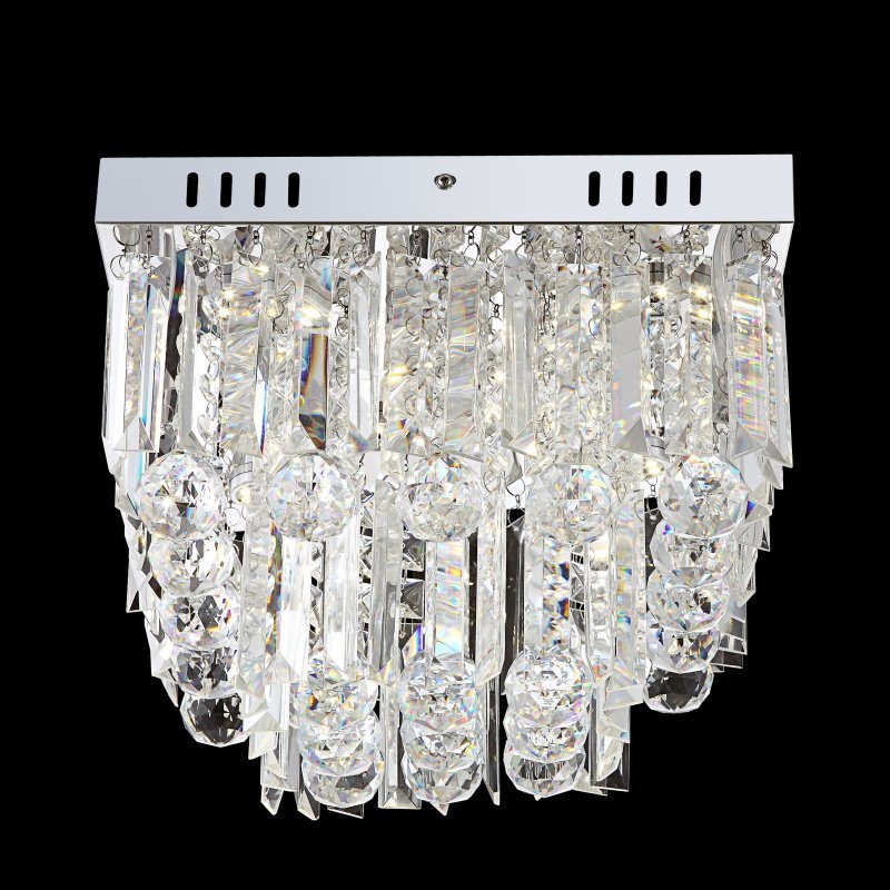 Lampa sufitowa z chromowaną podstawą i wiszącymi kryształami akrylowymi. Kryształy tworzą efektowne refleksy świetlne.