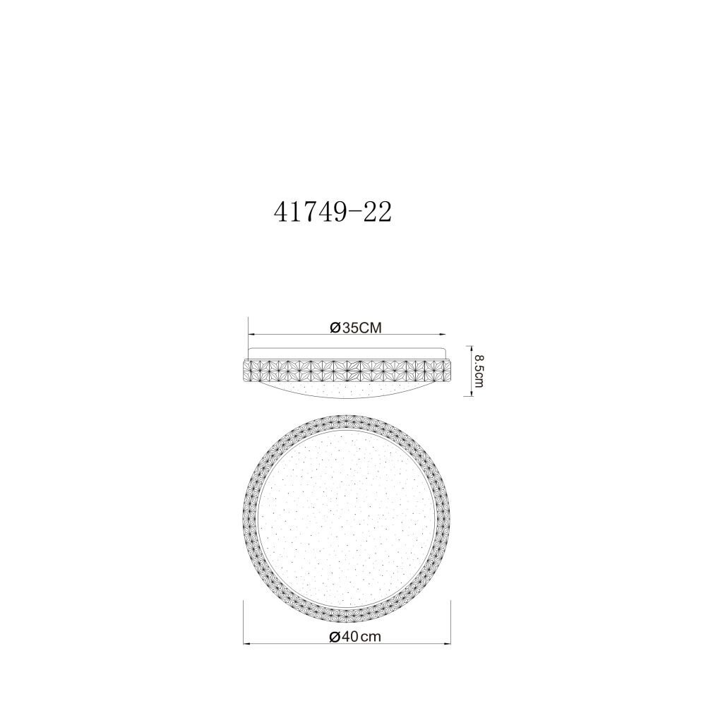 Rysunek techniczny plafonu LED o średnicy 40 cm i wysokości 8,5 cm, z dekoracyjnym wzorem na krawędzi. Widoczny jest numer 41749-22 oraz wymiary: Ø35CM i Ø40 cm.