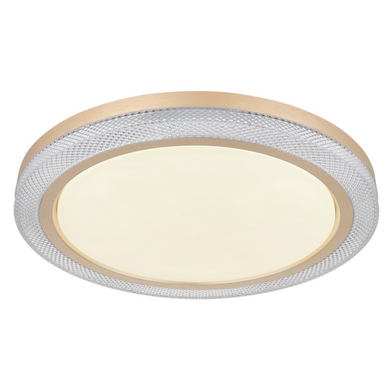 Lampa sufitowa LED o okrągłym kształcie z białym kloszem i dekoracyjnym, srebrnym obrzeżem. Powierzchnia obrzeża ma teksturę przypominającą siatkę.