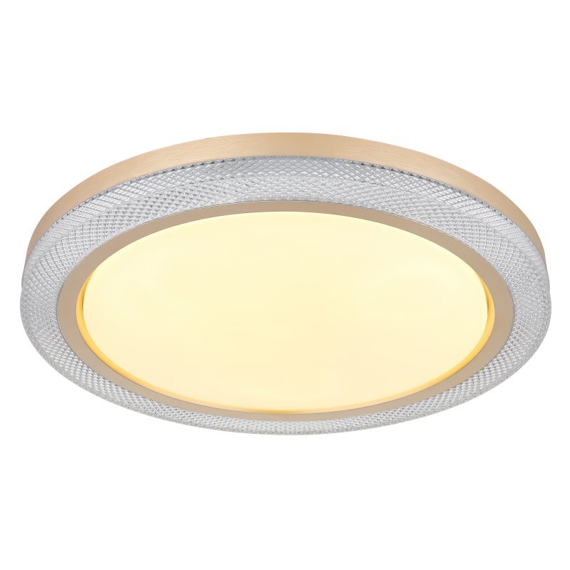 Okrągła lampa sufitowa LED z białym kloszem i dekoracyjnym, srebrnym obrzeżem o fakturze siatki.
