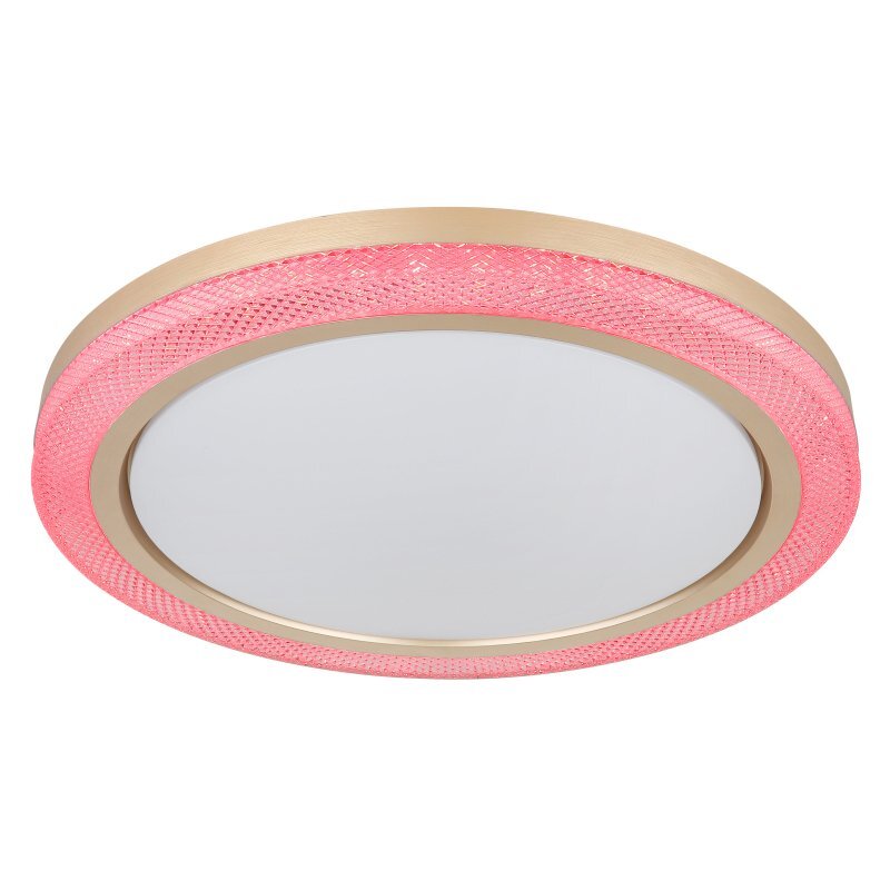 Lampa sufitowa LED z okrągłym, białym kloszem i różowym, dekoracyjnym obrzeżem. Obrzeże ma teksturę przypominającą siatkę.