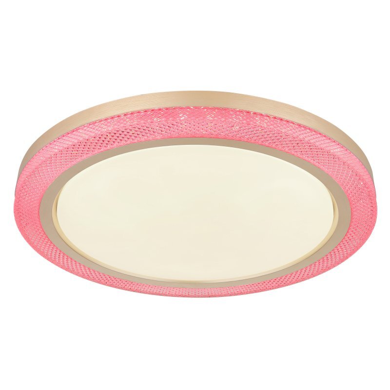 Lampa sufitowa LED o okrągłym kształcie z białym środkiem i różowym, teksturowanym obrzeżem. Obrzeże emituje efekt świetlny w kolorze różowym.