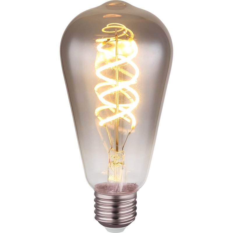 Żarówka LED z przydymionym szkłem i spiralnym żarnikiem, emitująca ciepłe światło. Posiada metalową oprawkę E27.