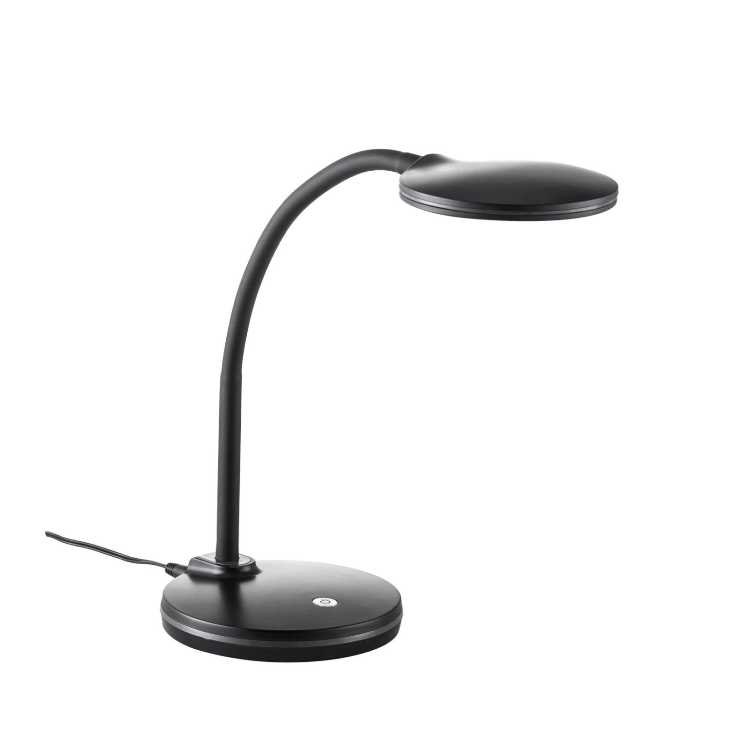 Czarna lampa biurkowa LED z elastycznym ramieniem i okrągłą podstawą. Na podstawie widoczny jest przycisk dotykowy.