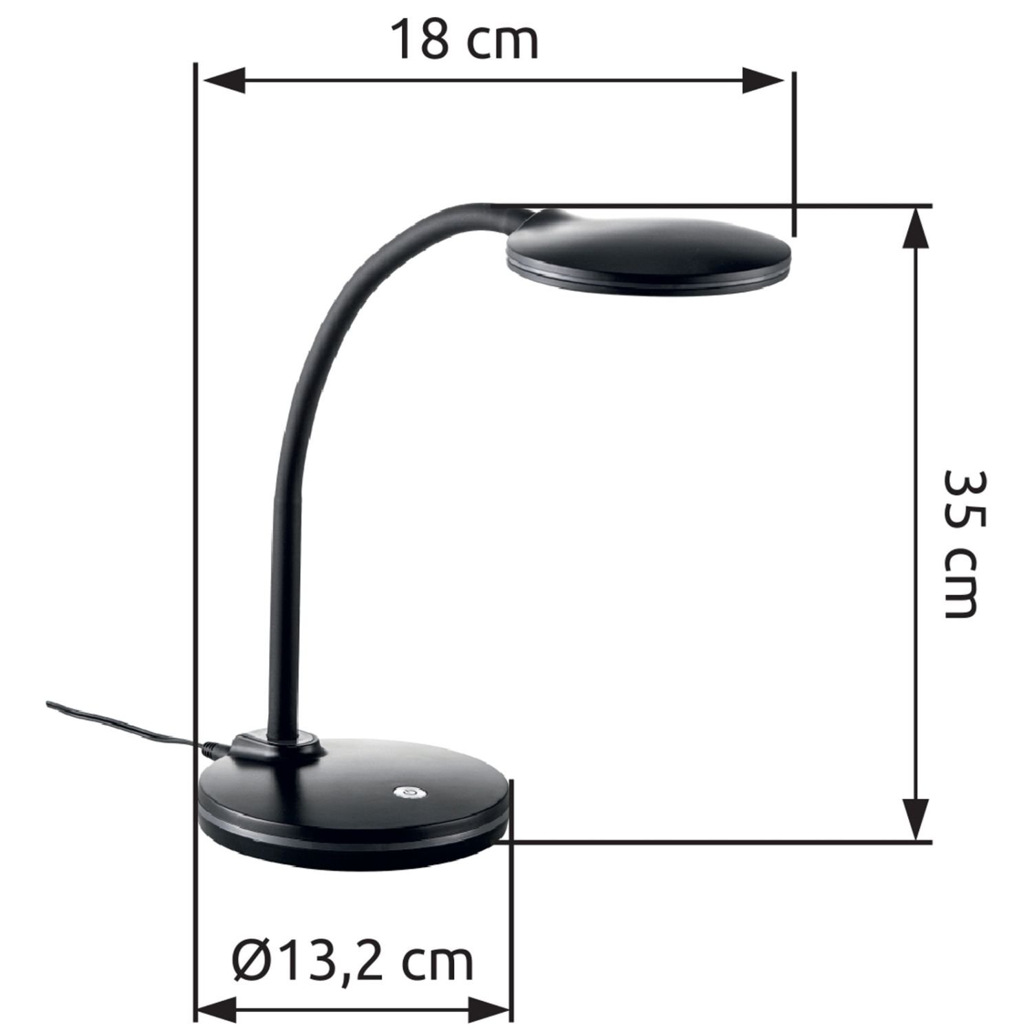 Czarna lampa biurkowa LED z elastycznym ramieniem, o wysokości 35 cm i szerokości 18 cm. Podstawa ma średnicę 13,2 cm i widoczny jest kabel zasilający.