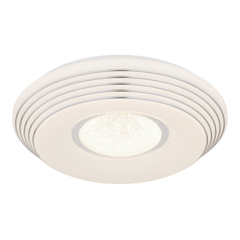 Na obrazie widoczna jest biała lampa sufitowa LED o okrągłym kształcie z centralnym, jasnym panelem. Lampa ma kilka koncentrycznych pierścieni wokół centralnej części.