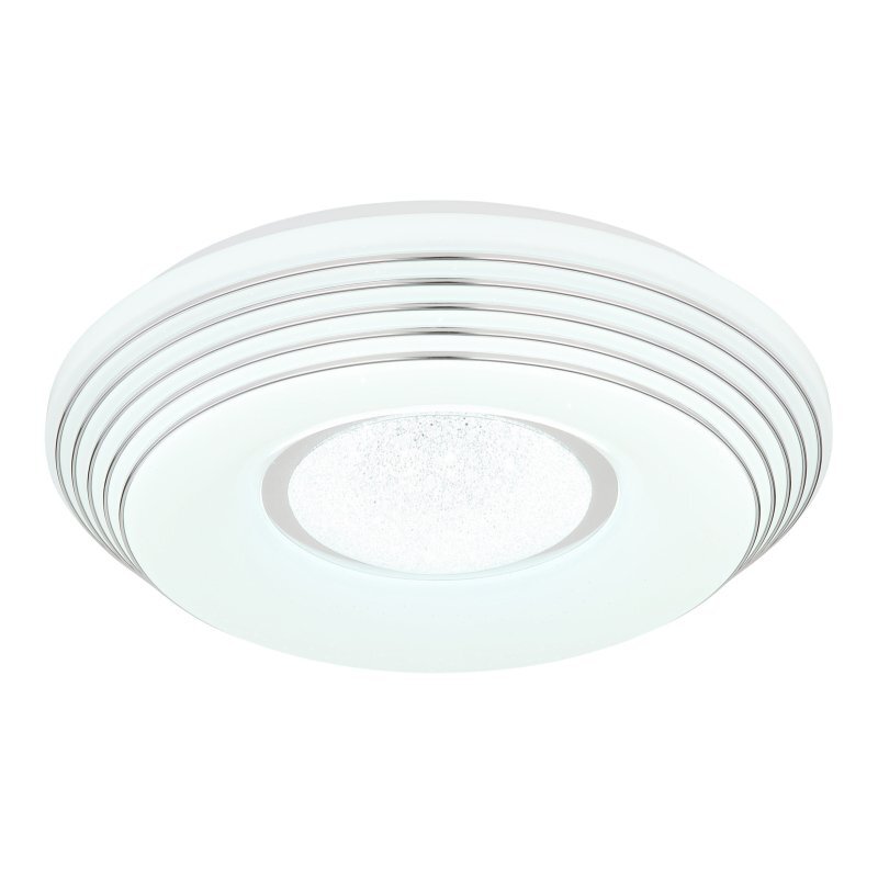 Biała lampa sufitowa LED o okrągłym kształcie z kilkoma srebrnymi pierścieniami wokół centralnej części. Środkowa część lampy ma teksturę przypominającą drobne kryształki.