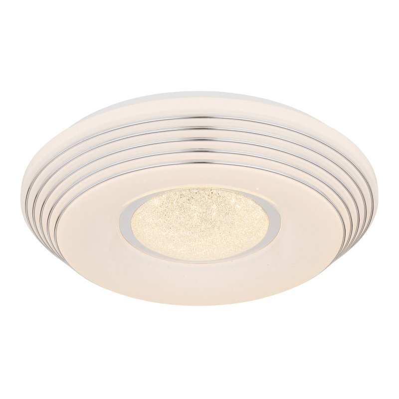 Biała lampa sufitowa LED o okrągłym kształcie z centralnym, błyszczącym elementem. Posiada kilka koncentrycznych pierścieni na obudowie.