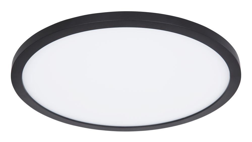 Okrągły plafon LED z czarną obudową i białą powierzchnią świetlną.