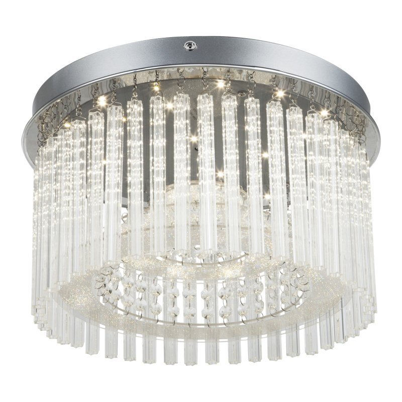 Nowoczesna lampa sufitowa LED z chromowanym wykończeniem i wiszącymi, przezroczystymi elementami tworzącymi efektowny wzór. Światło emitowane jest przez liczne diody LED umieszczone wewnątrz konstrukcji.