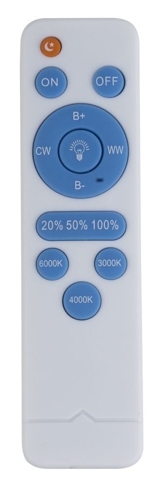 Pilot z białą obudową i niebieskimi przyciskami, zawiera oznaczenia: ON, OFF, B+, B-, CW, WW, 20% 50% 100%, 6000K, 4000K, 3000K oraz symbol żarówki.