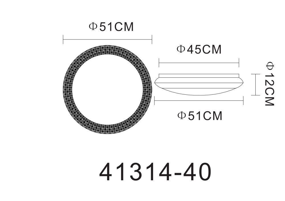 Schematyczny rysunek plafonu LED z wymiarami: średnica 51 cm, wysokość 12 cm, wewnętrzna średnica 45 cm. Na dole widoczny jest numer 41314-40.