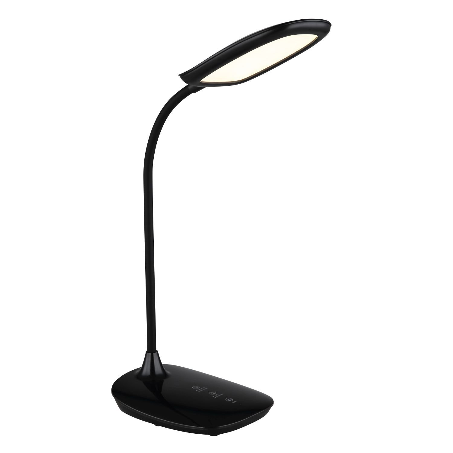Czarna lampa biurkowa LED z elastycznym ramieniem i podłużnym kloszem. Na podstawie widoczne są trzy ikony dotykowe.