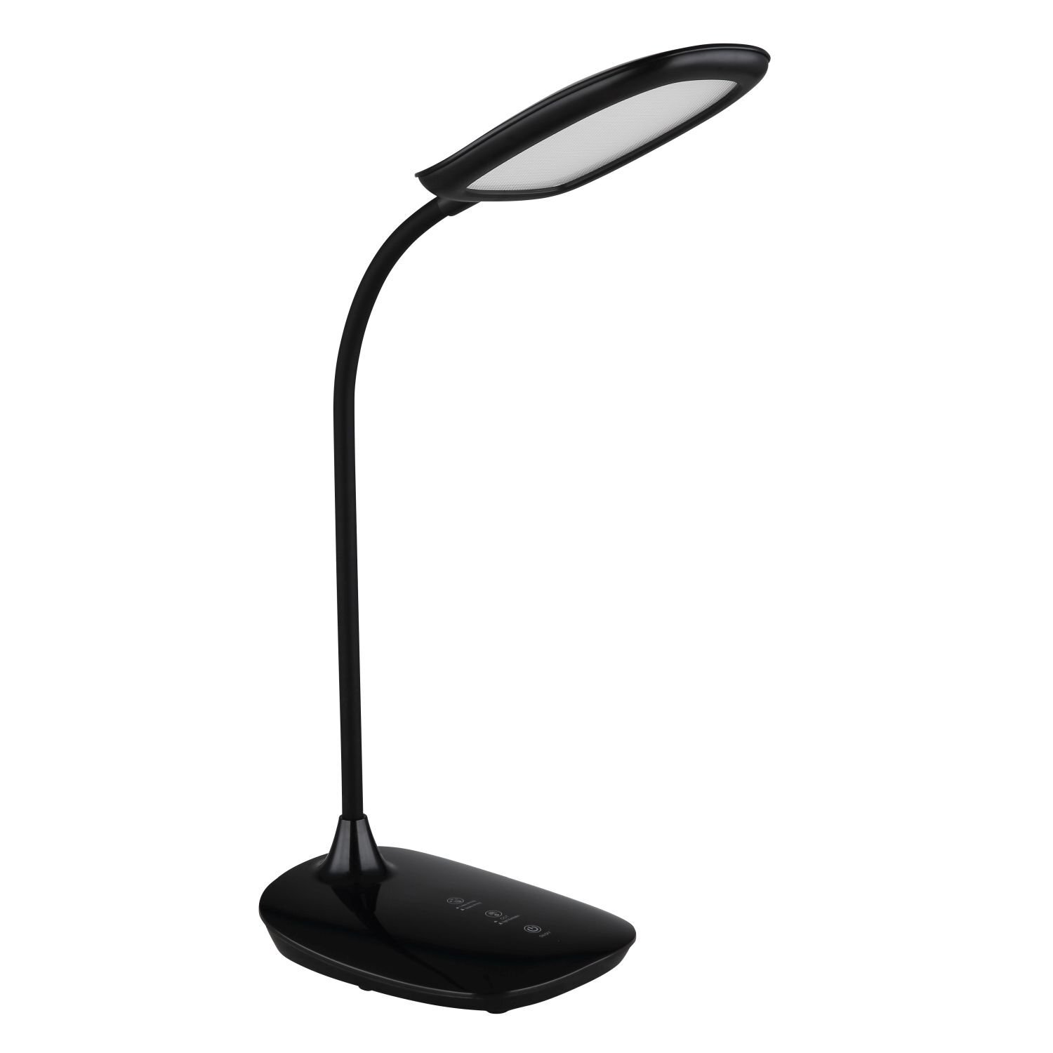 Czarna lampa biurkowa LED z elastycznym ramieniem i owalnym kloszem. Na podstawie widoczne są trzy ikony dotykowe.