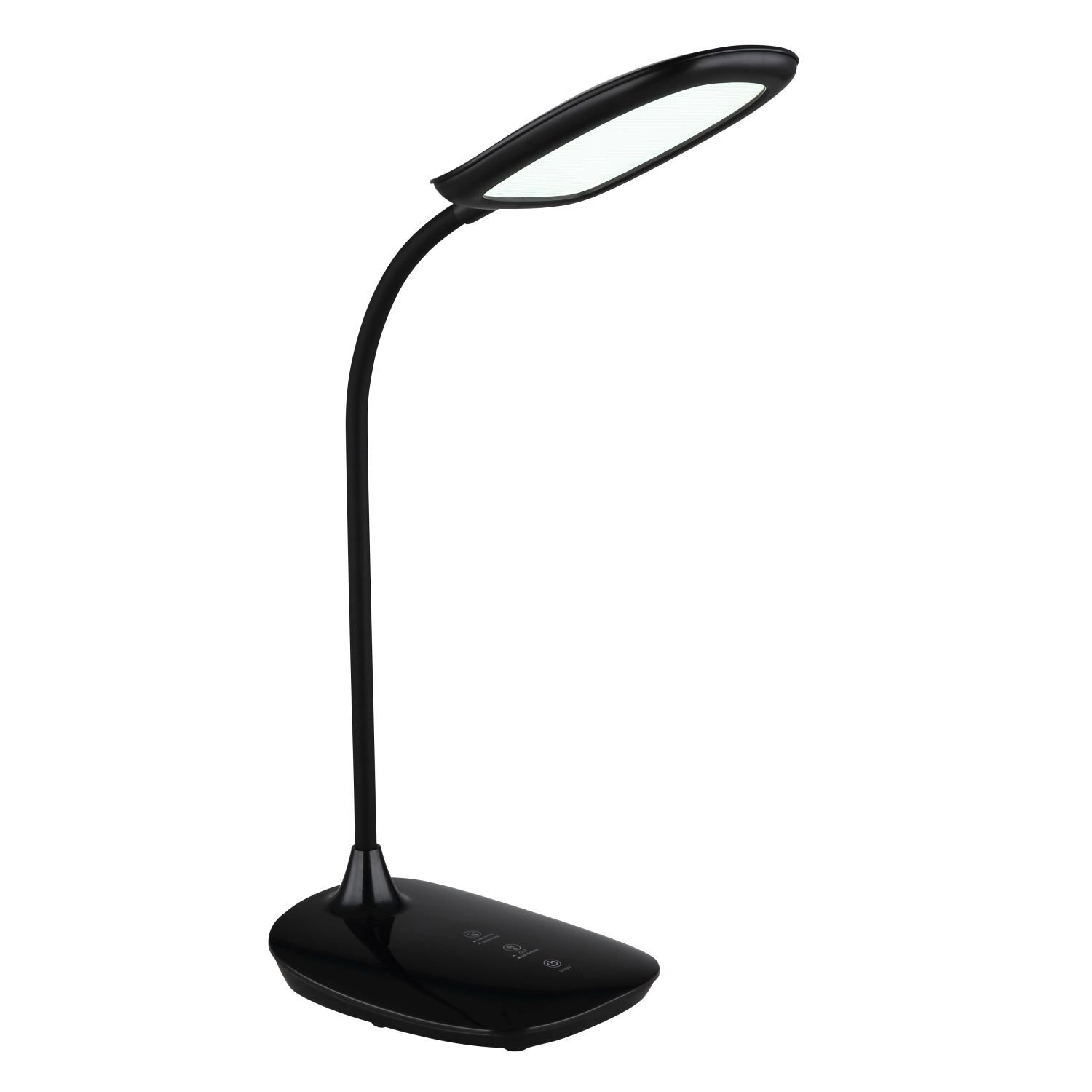 Czarna lampa biurkowa LED z elastycznym ramieniem i podłużnym kloszem. Na podstawie widoczne są trzy ikony dotykowe.