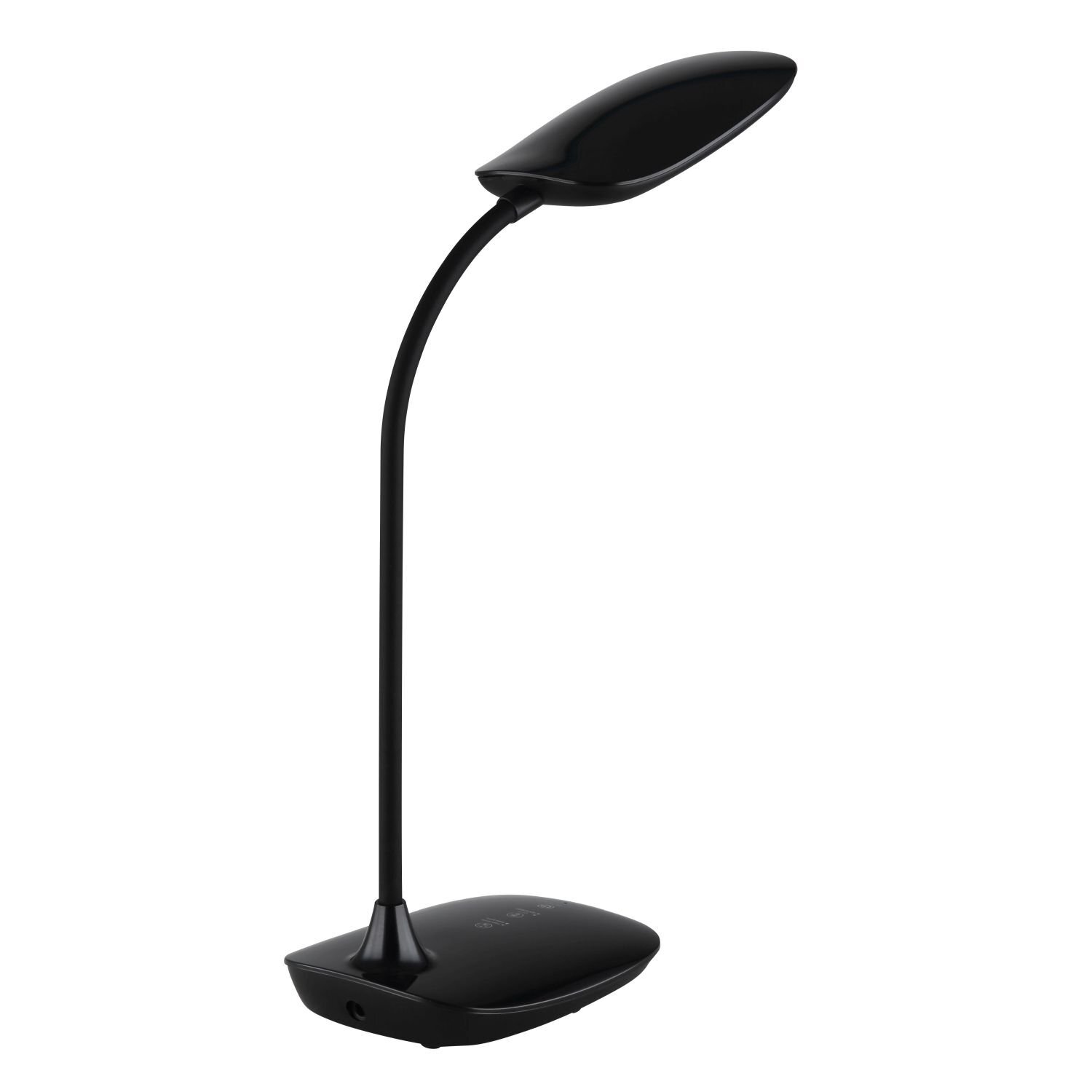 Czarna lampa biurkowa LED o nowoczesnym designie z elastycznym ramieniem i zaokrąglonym kloszem. Podstawa lampy jest gładka i minimalistyczna.
