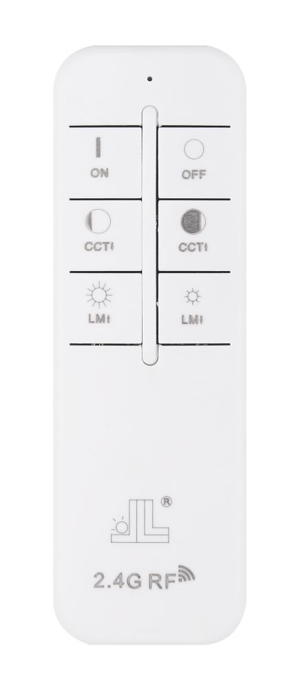 Biały pilot z sześcioma przyciskami oznaczonymi jako ON, OFF, CCT1, CCT2, LMI, LMI oraz logo producenta i napisem \'2.4G RF\'.