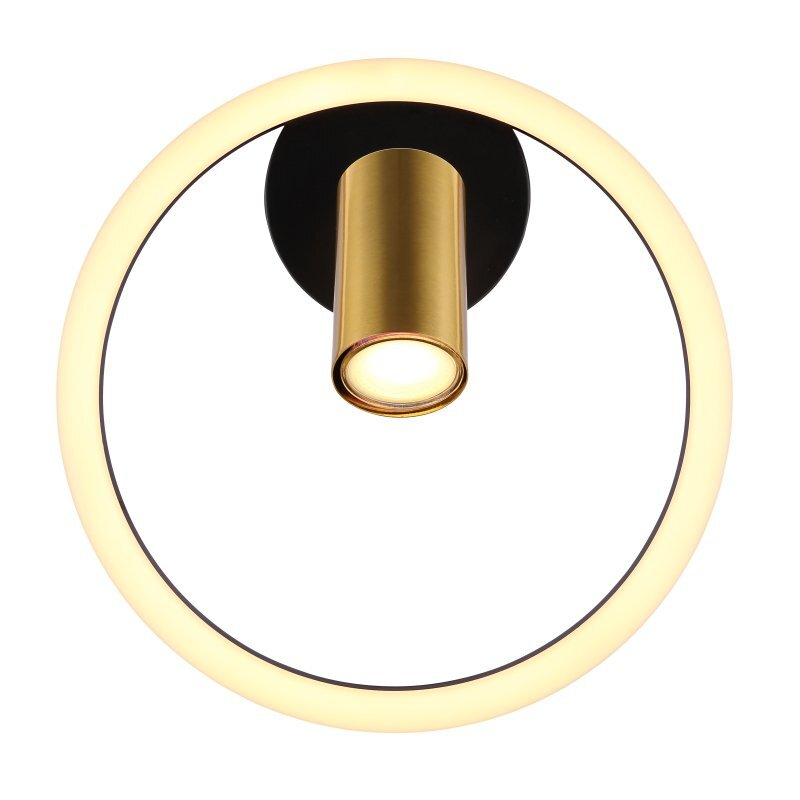 Lampa sufitowa LED z okrągłym, świecącym pierścieniem i złotym reflektorem na czarnym tle. Światło ma ciepłą barwę.