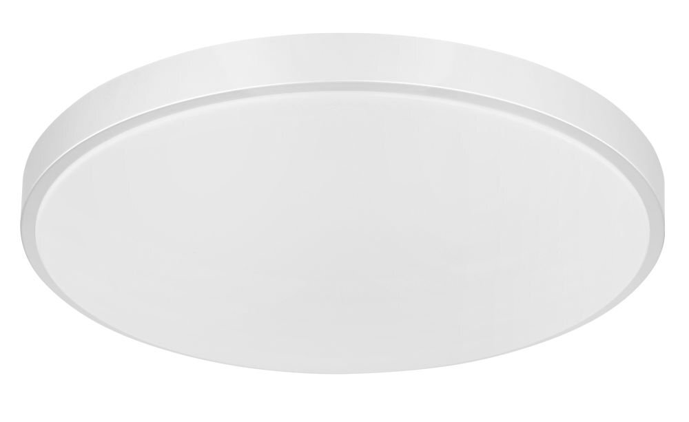 Okrągły, biały plafon LED o gładkiej powierzchni i minimalistycznym designie.