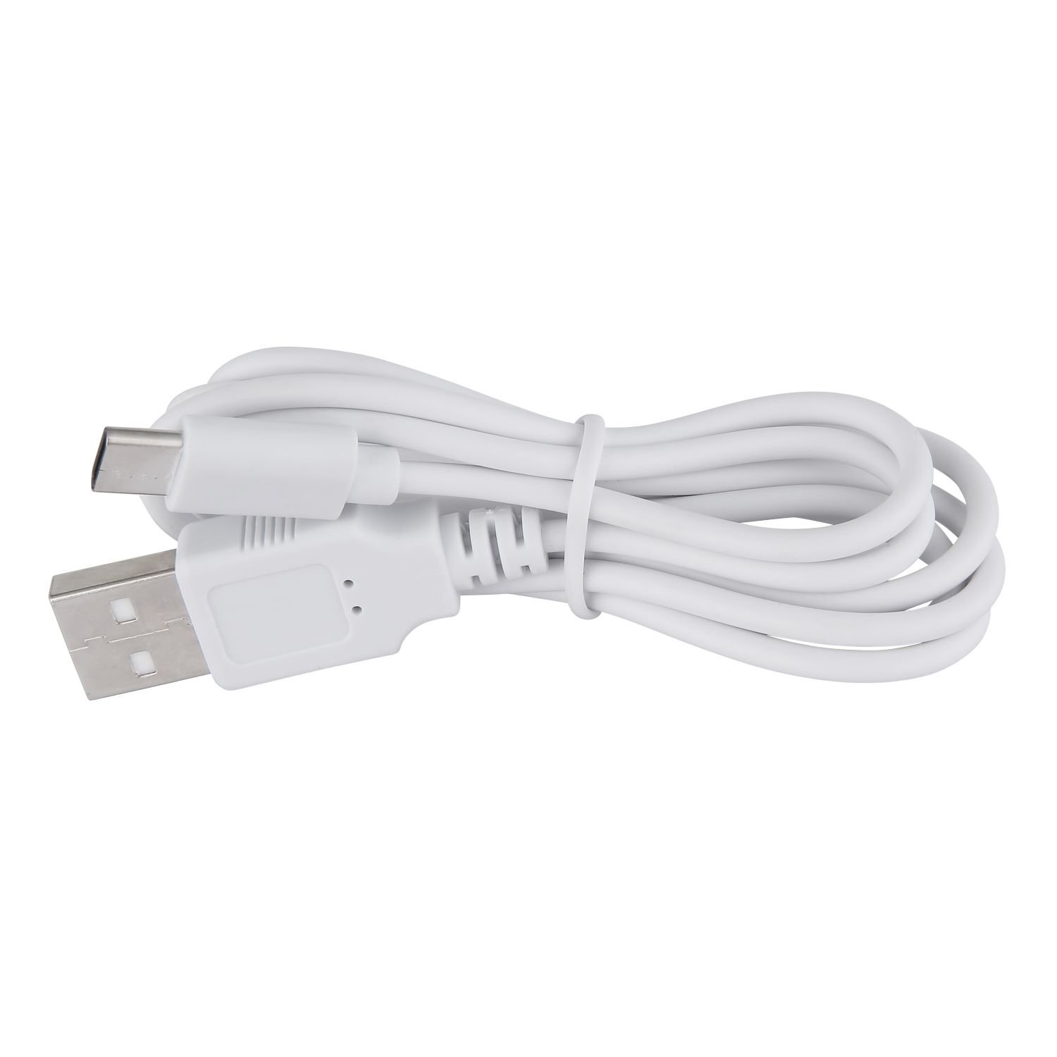 Biały kabel USB z końcówkami USB-A i USB-C, zwinięty i spięty opaską.