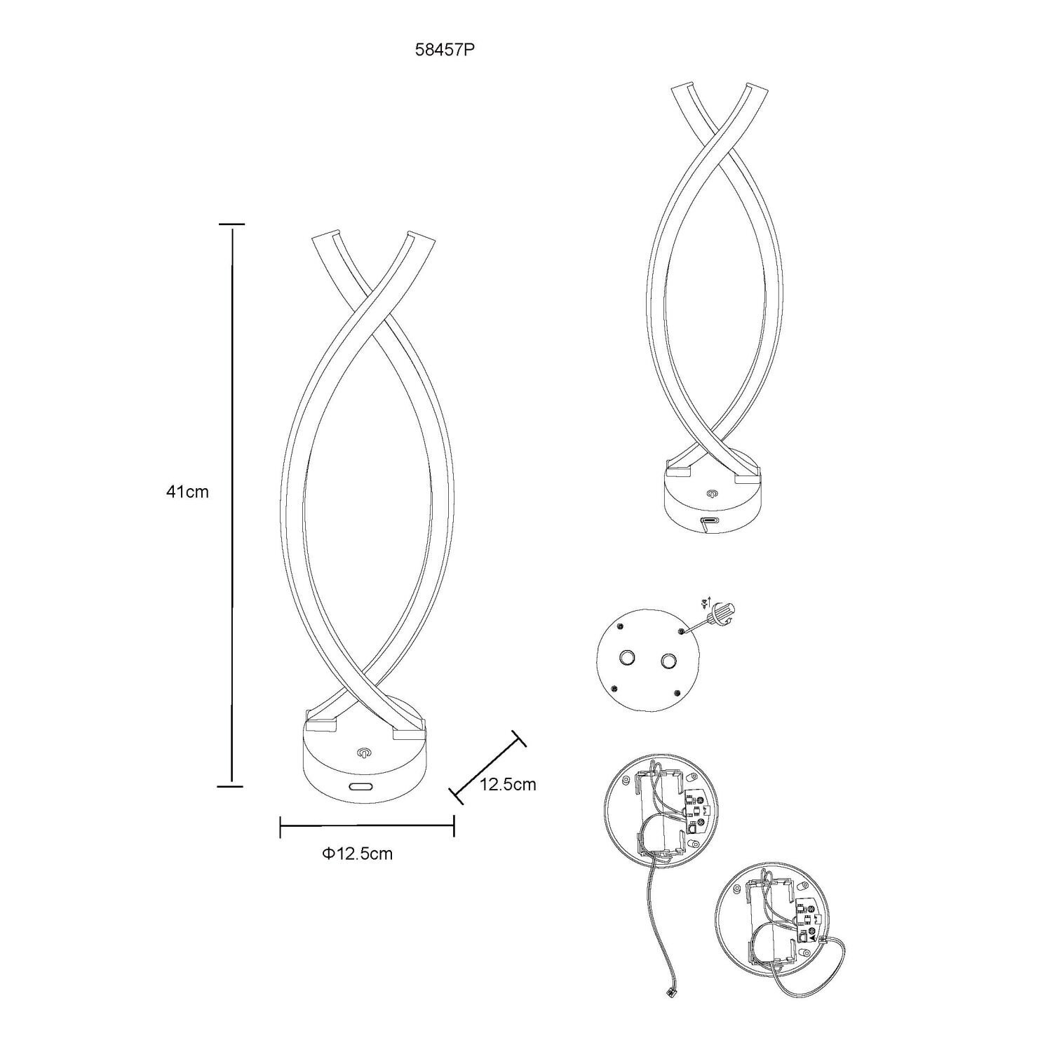Schemat lampy stołowej LED o wysokości 41 cm i średnicy podstawy 12,5 cm. Widoczne są szczegóły konstrukcyjne oraz oznaczenie modelu 58457W.