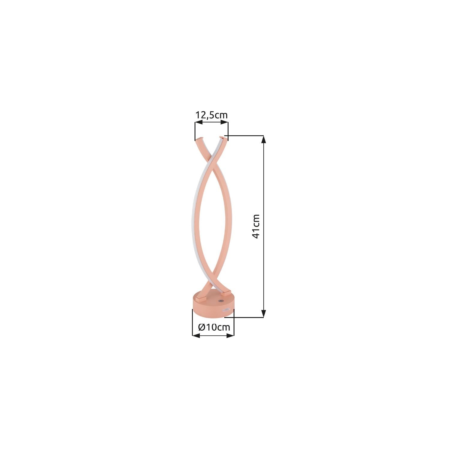 Obraz przedstawia nowoczesną lampę stołową LED o wysokości 41 cm i średnicy podstawy 10 cm. Lampa ma zakrzywiony kształt z wymiarami 12,5 cm w najszerszym miejscu.