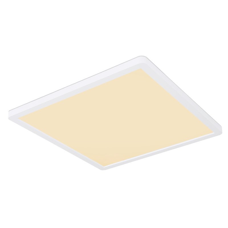 Kwadratowy plafon LED o białej ramie i jasnym, ciepłym świetle. Produkt ma gładką powierzchnię i minimalistyczny design.
