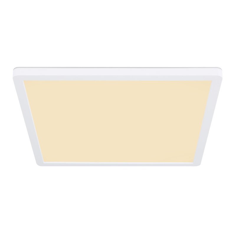 Kwadratowy plafon LED w białej ramie z jasnym, ciepłym światłem. Produkt ma gładką powierzchnię i minimalistyczny design.