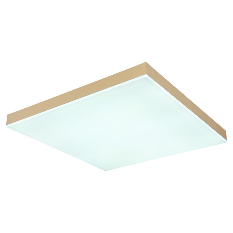 Kwadratowy plafon LED z białym, matowym kloszem i mosiężną ramą. Produkt ma prosty, nowoczesny design.