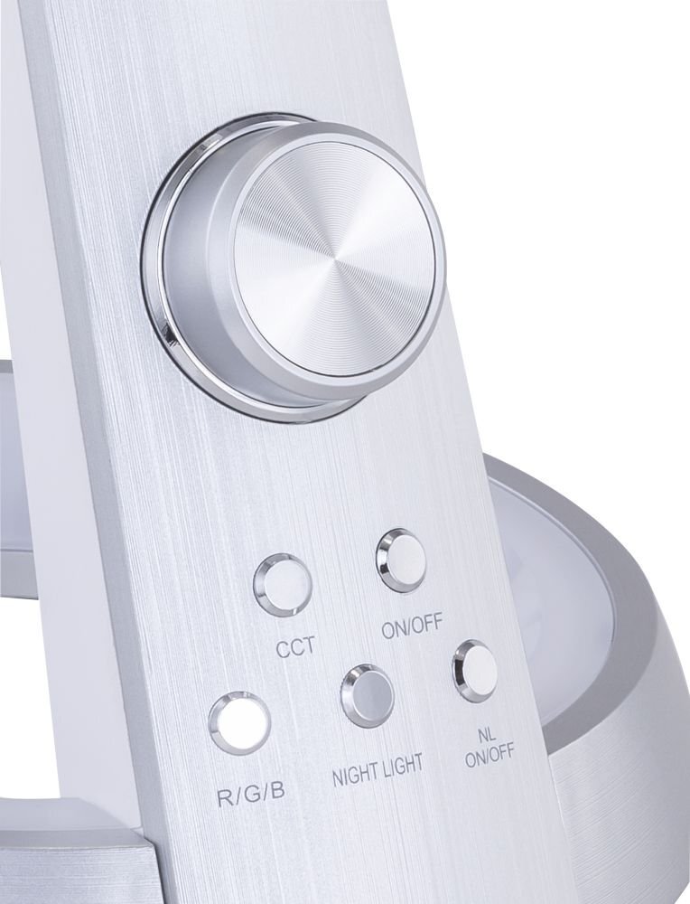 Zbliżenie na panel sterowania lampy biurkowej z pokrętłem i sześcioma przyciskami oznaczonymi jako CCT, ON/OFF, R/G/B, NIGHT LIGHT, NL ON/OFF.
