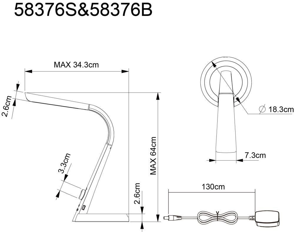 Schemat techniczny lampy biurkowej z wymiarami: wysokość maksymalna 64 cm, długość ramienia 34,3 cm, średnica podstawy 18,3 cm. Długość kabla wynosi 130 cm.