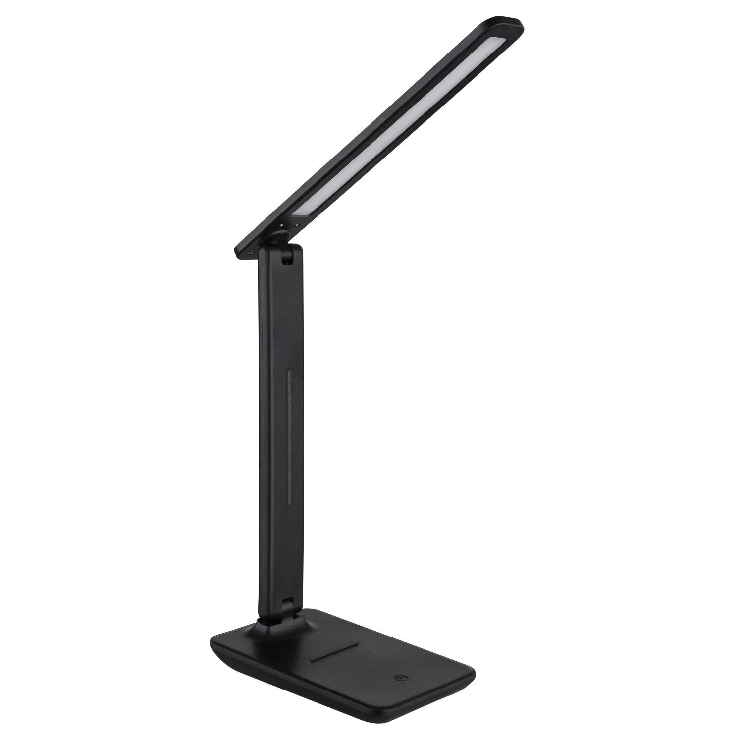 Czarna, nowoczesna lampa biurkowa LED z prostokątną podstawą i regulowanym ramieniem. Lampa ma smukły, minimalistyczny design.