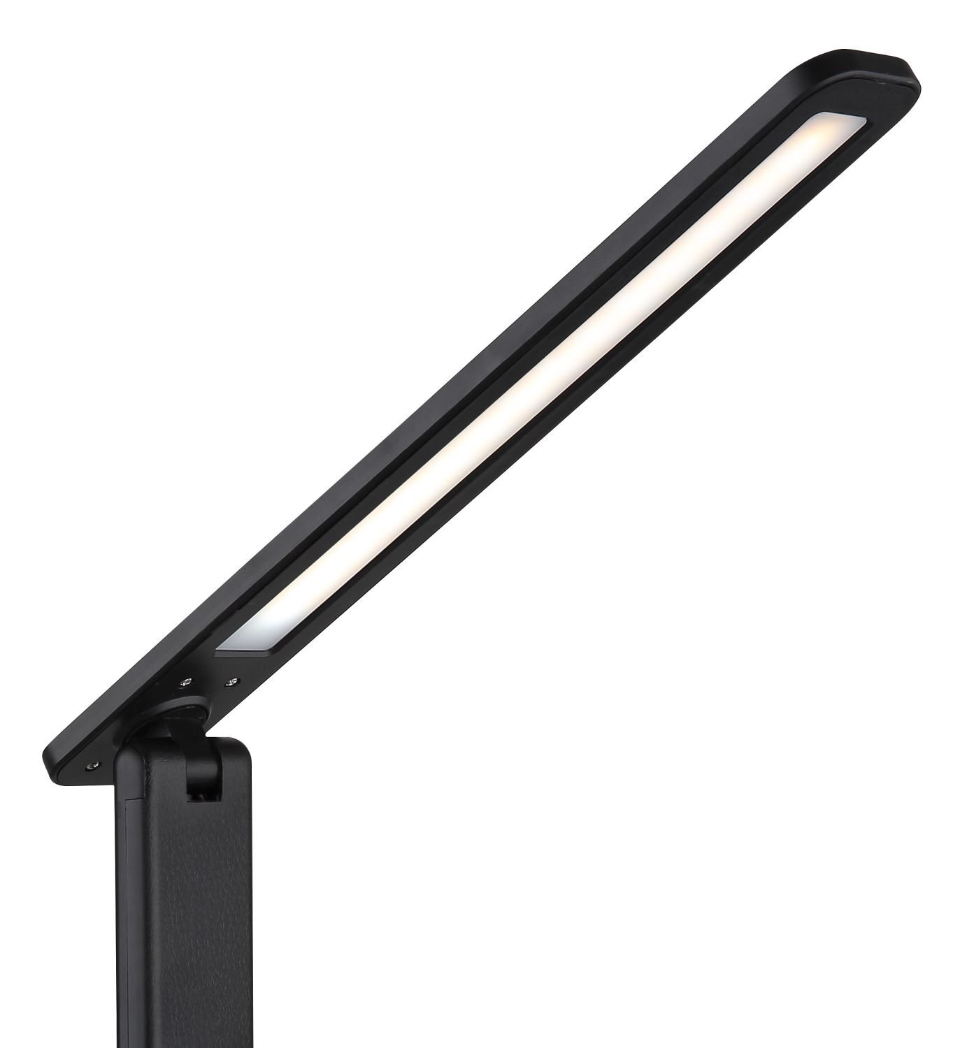 Czarna, nowoczesna lampa biurkowa LED z prostokątnym, smukłym kloszem emitującym jasne światło. Lampa ma regulowane ramię i minimalistyczny design.