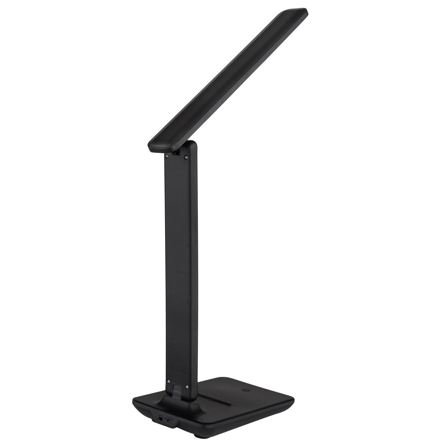 Czarna, nowoczesna lampa biurkowa LED z prostokątną podstawą i regulowanym ramieniem. Lampa ma minimalistyczny design i jest przeznaczona do pracy i nauki.