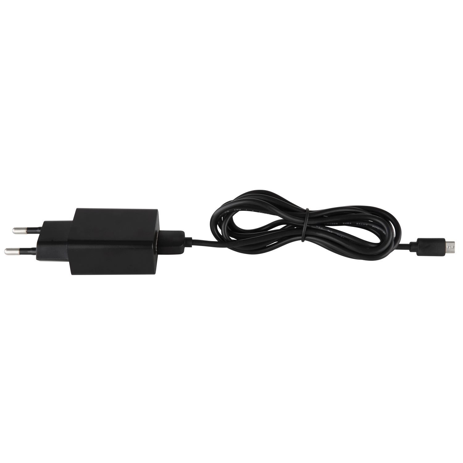 Czarny zasilacz sieciowy z wtyczką i długim kablem zakończonym złączem micro USB.