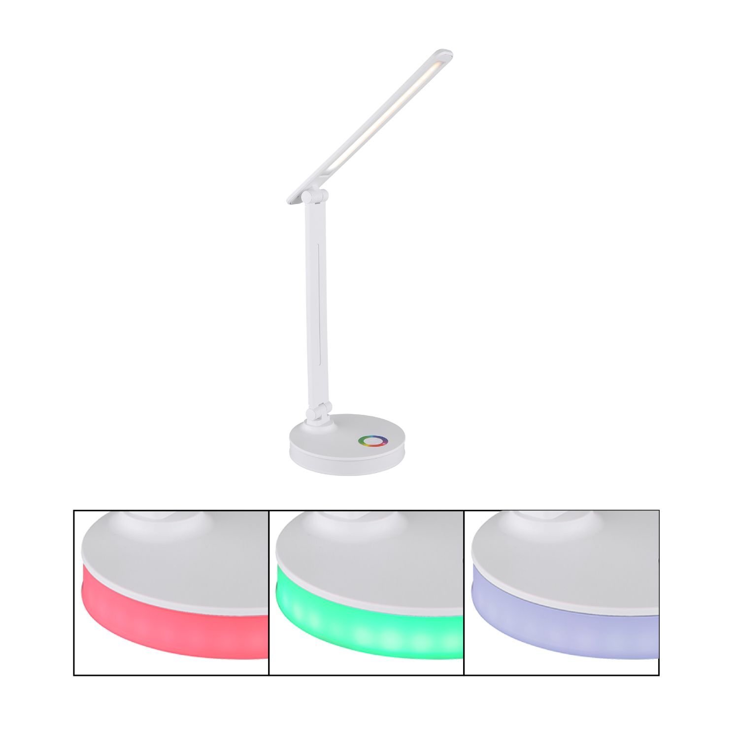 Biała lampa biurkowa LED z regulowanym ramieniem i okrągłą podstawą z kolorowym przyciskiem dotykowym. Podstawa lampy może świecić w różnych kolorach: czerwonym, zielonym i niebieskim.