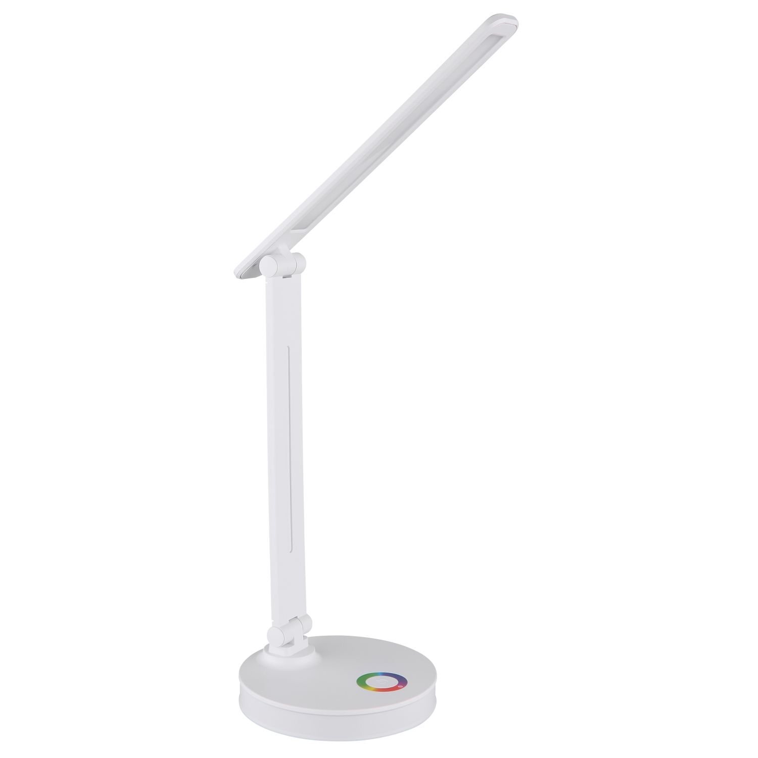 Biała lampa biurkowa LED z regulowanym ramieniem i okrągłą podstawą, na której znajduje się kolorowy przycisk dotykowy.