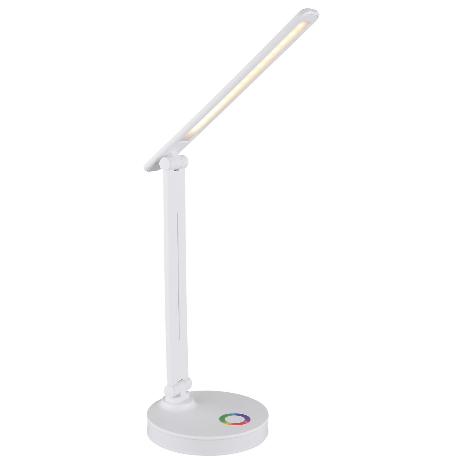 Biała lampa biurkowa LED z regulowanym ramieniem i okrągłą podstawą. Na podstawie znajduje się kolorowy przycisk dotykowy.